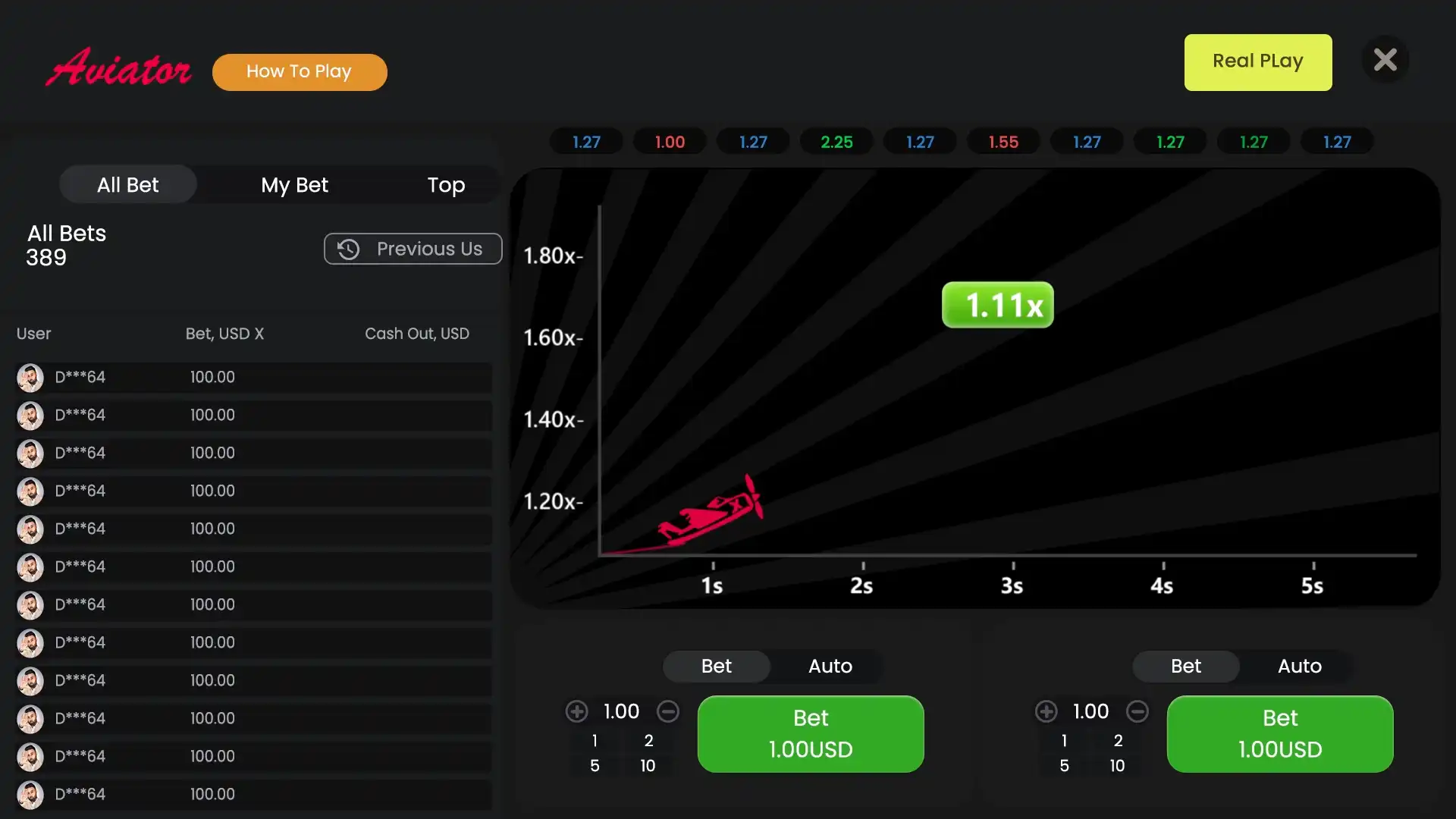 Aviator betting game interface